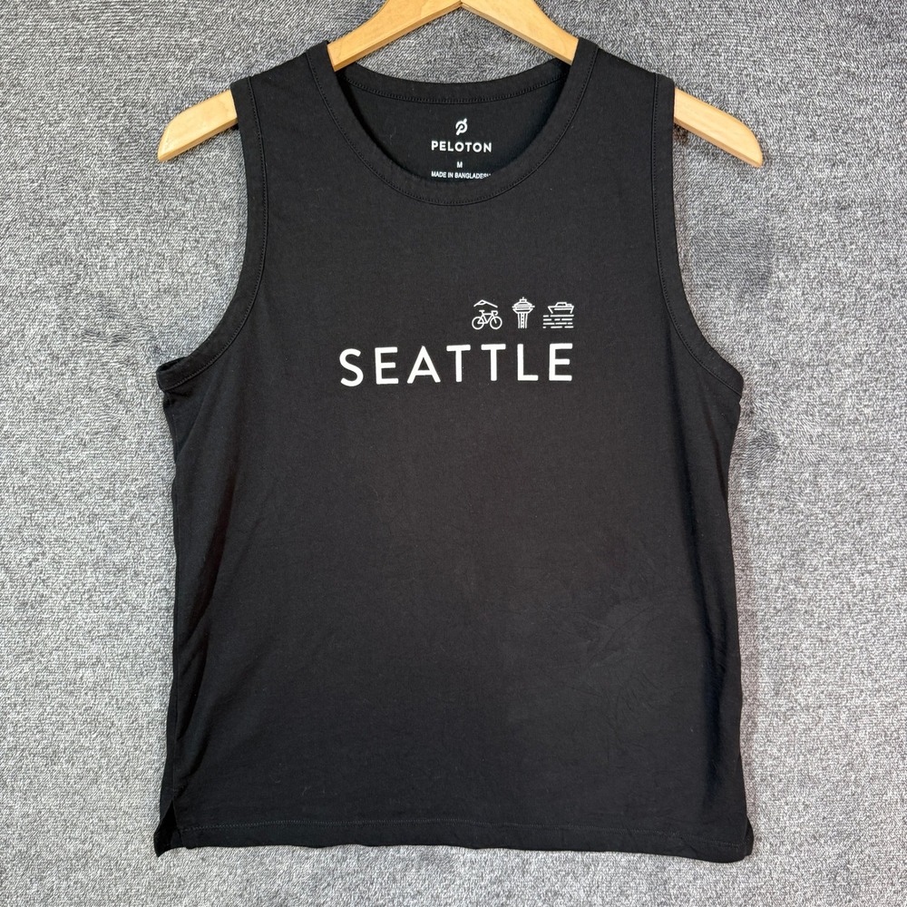 Peloton Seattle Graphic Muscle Tank Top Black Sleeveless Space Needle Women M
